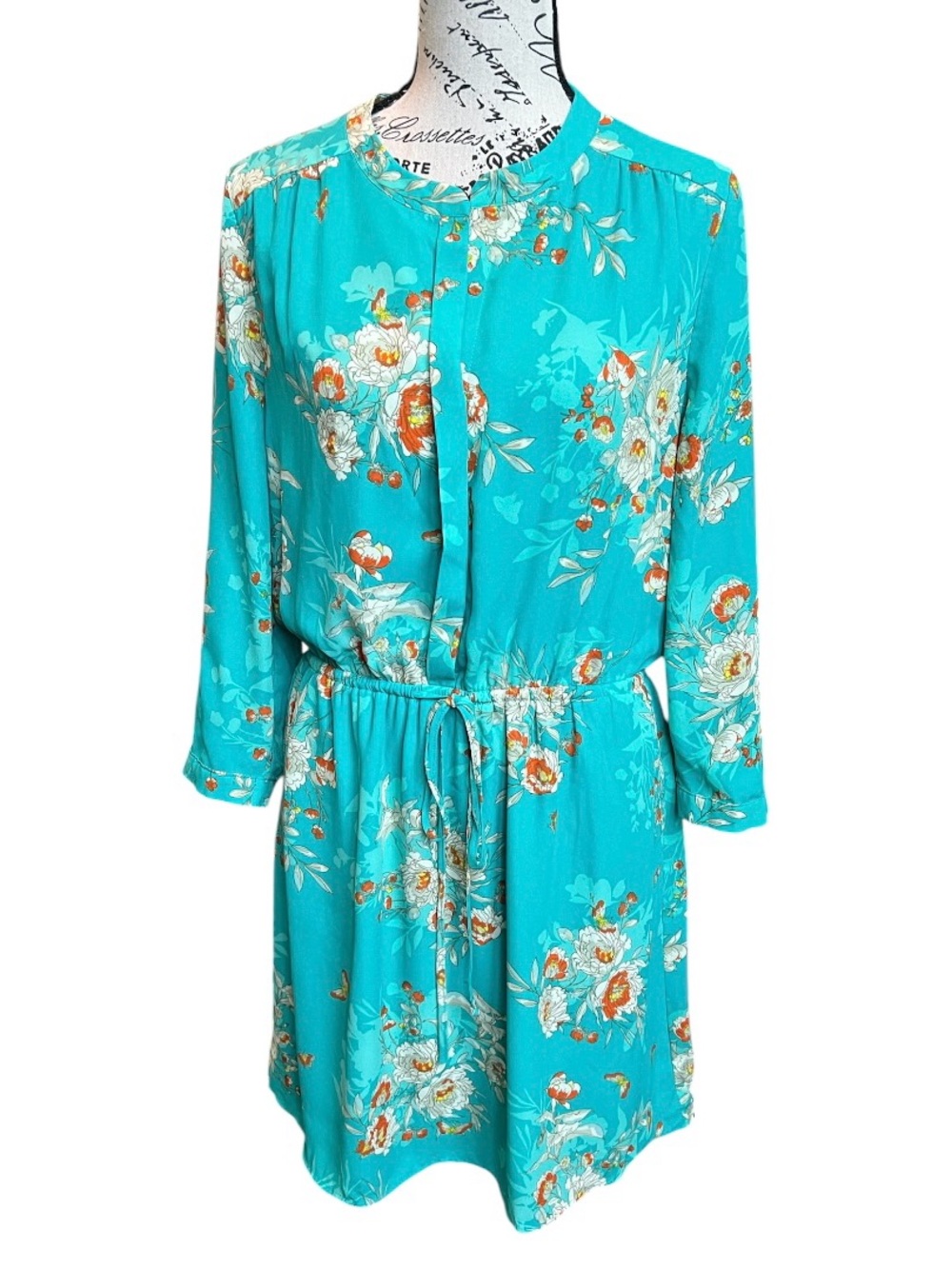 Turquoise Floral Drawstring Waist Dress